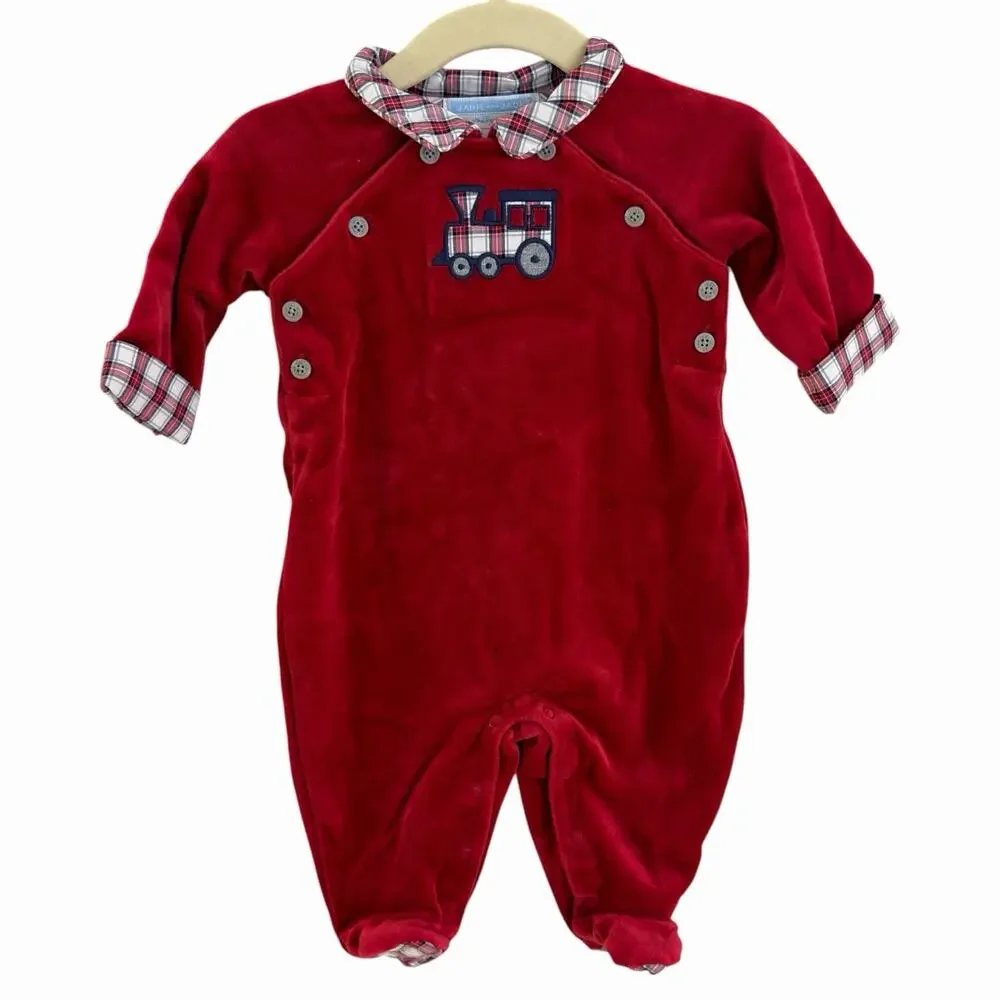 Janie and Jack Baby Boy Heirloom Red Velvet Holiday Romper Train Plaid 0-3 Month